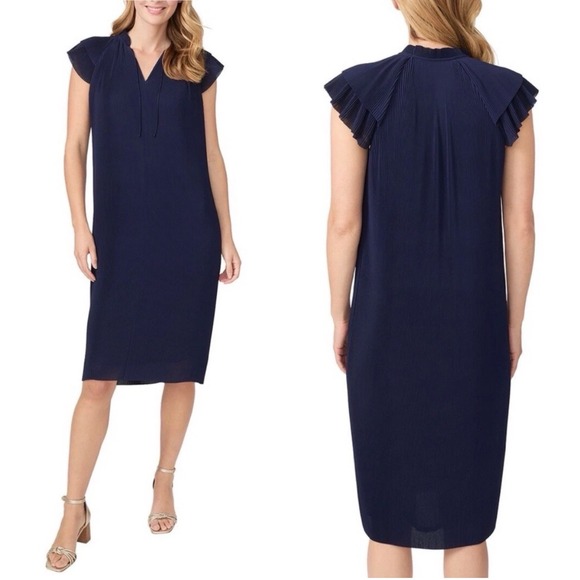 J.McLaughlin Dresses & Skirts - J.McLaughlin Aisha Dress Navy Blue Micro-Pleated Flutter Sleeve Midi Small NEW